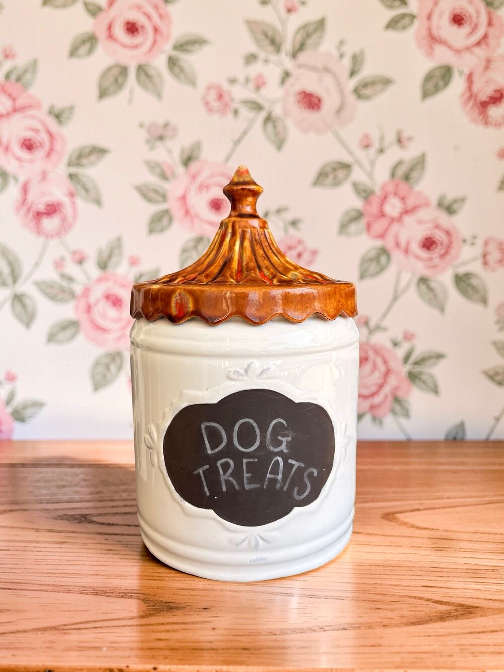 Home Essentials Dog Treat Jar Ceramic Canister Bronze Lid Chalkboard 9" Pet